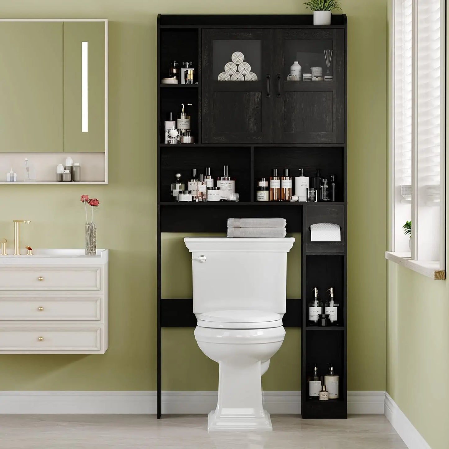 Over Toilet Storage Cabinet With Glass Door, 67.4" Adjustable Bathroom Organizer, Freestanding Cabinet