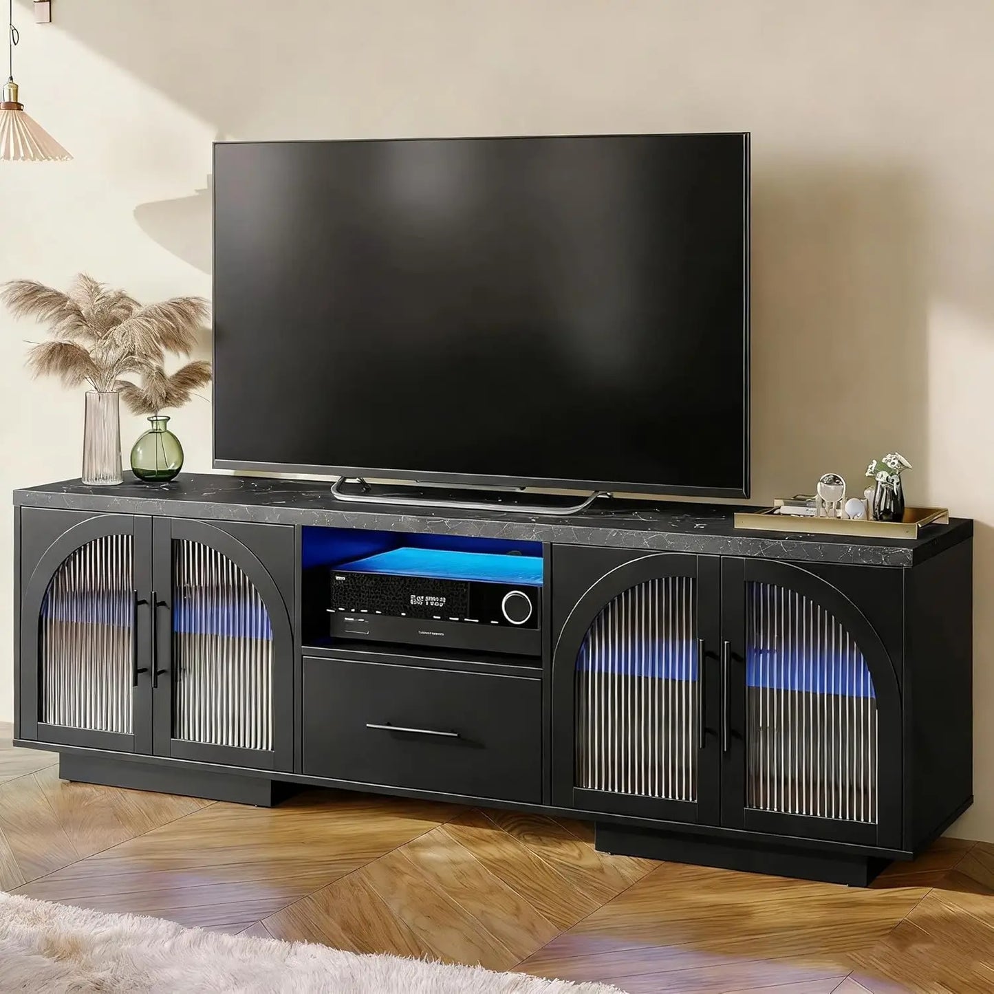 70 Inch TV Stand for 80 Inch TVs Entertainment Center with LED Lights Arched Glass Doors