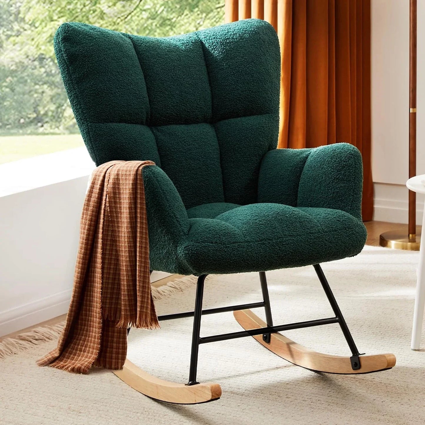 Modern Upholstered Nursery Rocking Chairs, with Side Pocket High Back Teddy Boucle 4 colors