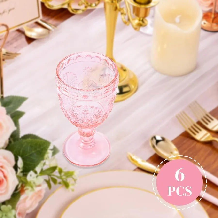 6 Pcs Pink Wine Goblet Vintage Glassware Made of Sturdy and Durable Glass