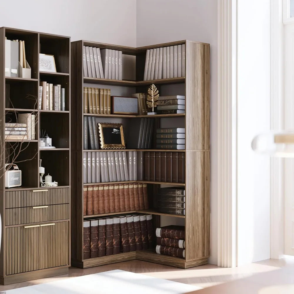 73 Inch Tall Wooden 7-Tier Corner Bookshelf Ideal for Living Room