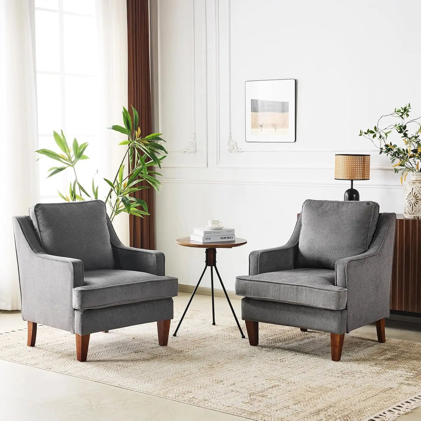 Mid-Century Modern Accent Chairs Set of 2, Light Brown Upholstered Armchair