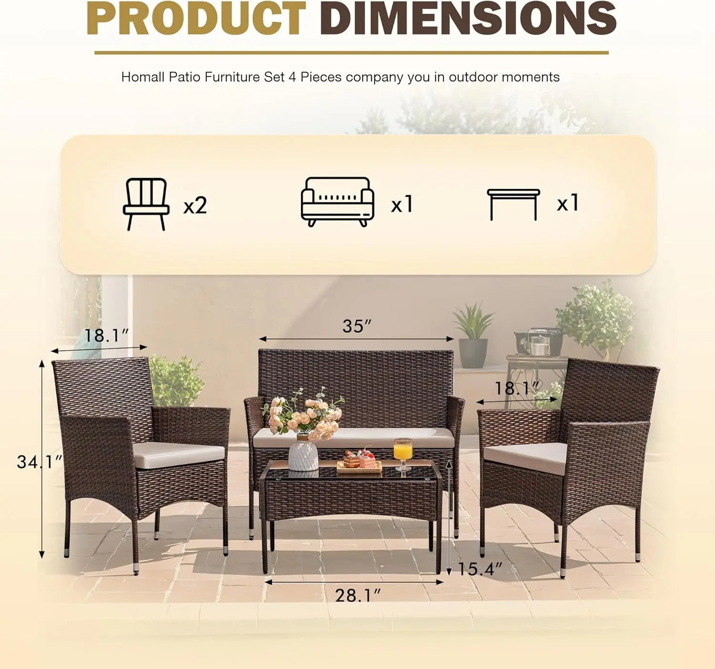 4 Pieces Outdoor Patio Furniture Sets Rattan Chair Wicker Set Backyard Porch