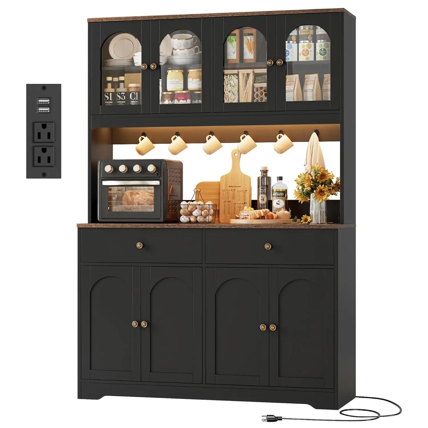 71" LED Kitchen Pantry Cabinet with Power Outlet, with Arched Door & Shelves