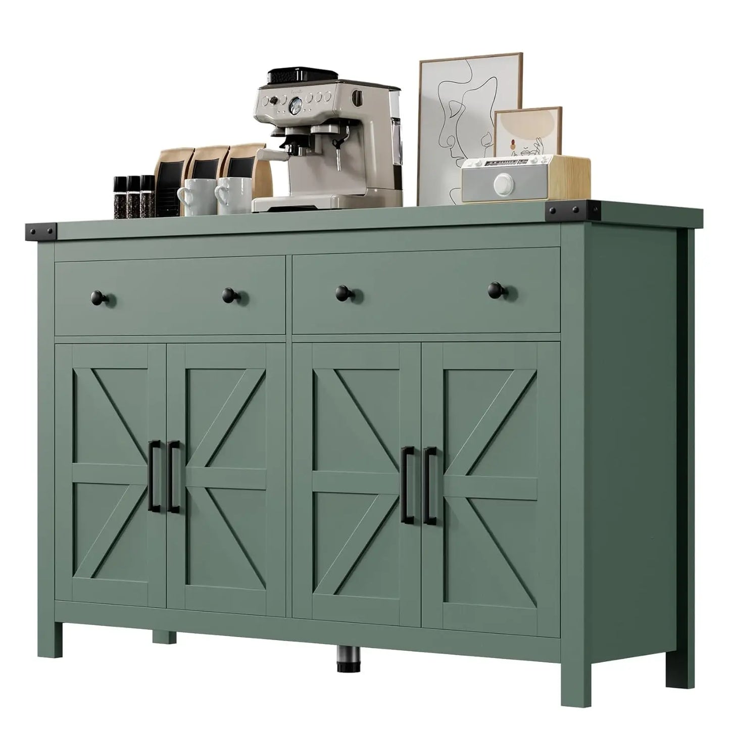 Buffet Cabinet with Storage Farmhouse with 4 Doors and 2 Drawers, 55'' Large Kitchen Storage Blue Wood
