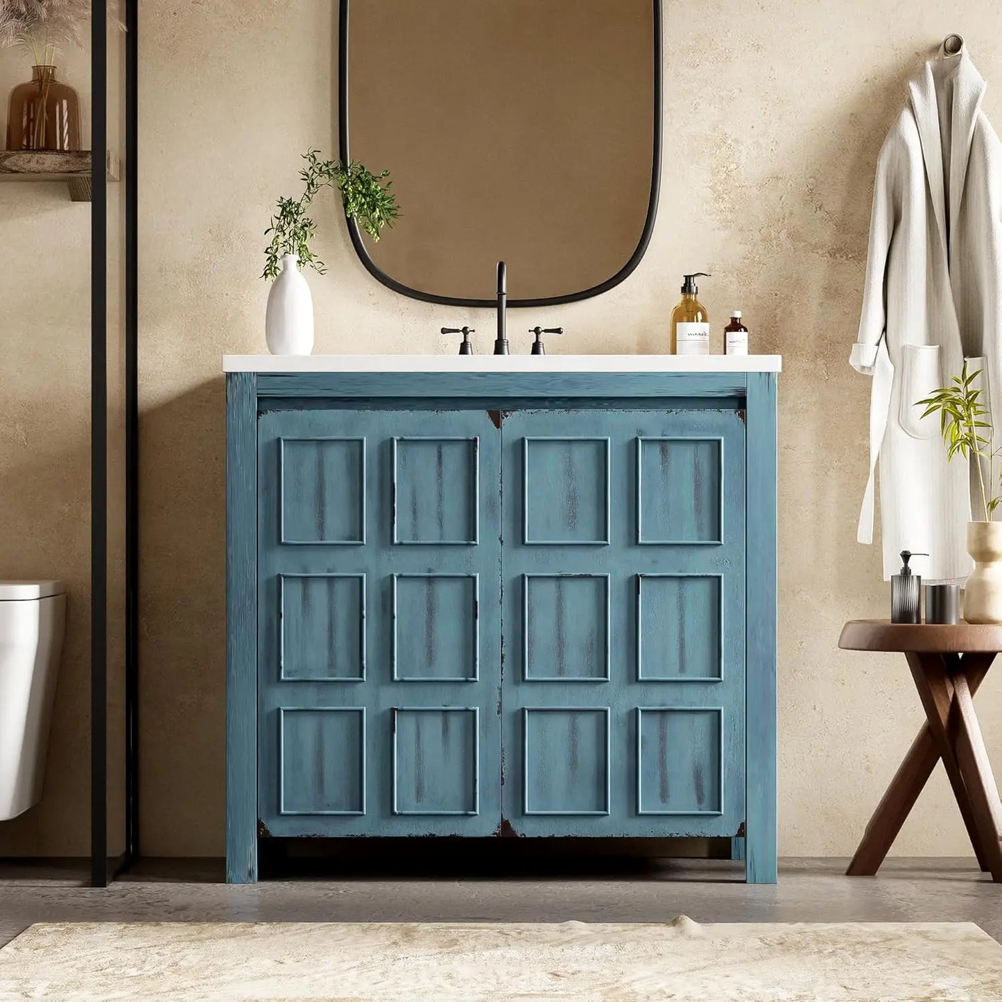 36in Free Standing Bathroom Vanity with Sink Wooden Cabinet Ceramic Basin