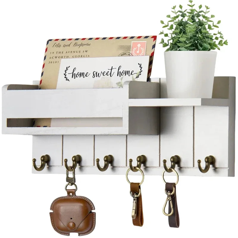 Rustic Wood Key Holder with Shelf Wall Mounted Decorative Key Rack 6 Key Hooks
