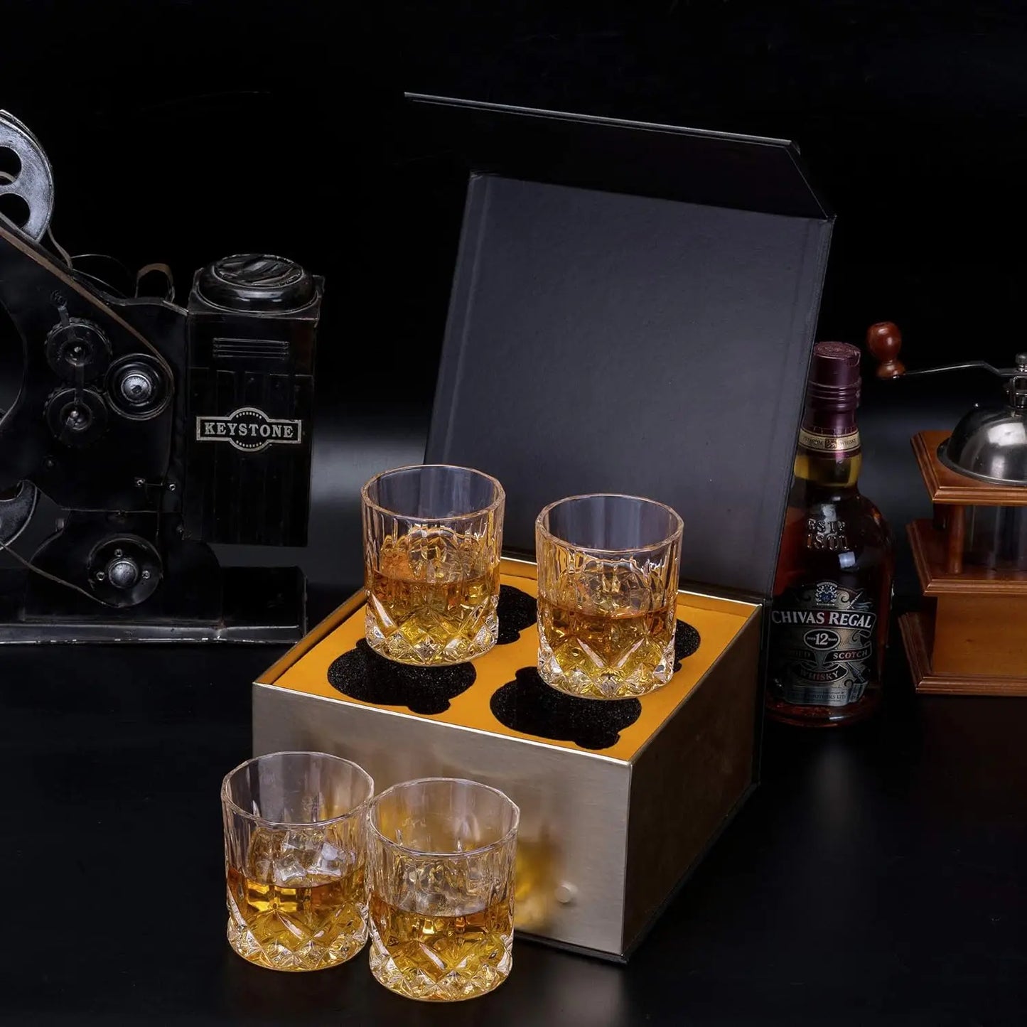 10 Oz Rocks Whiskey Glasses Set of 4 with Luxury Box - Ideal for Scotch, Bourbon, Cocktails - Perfect Men's Gift