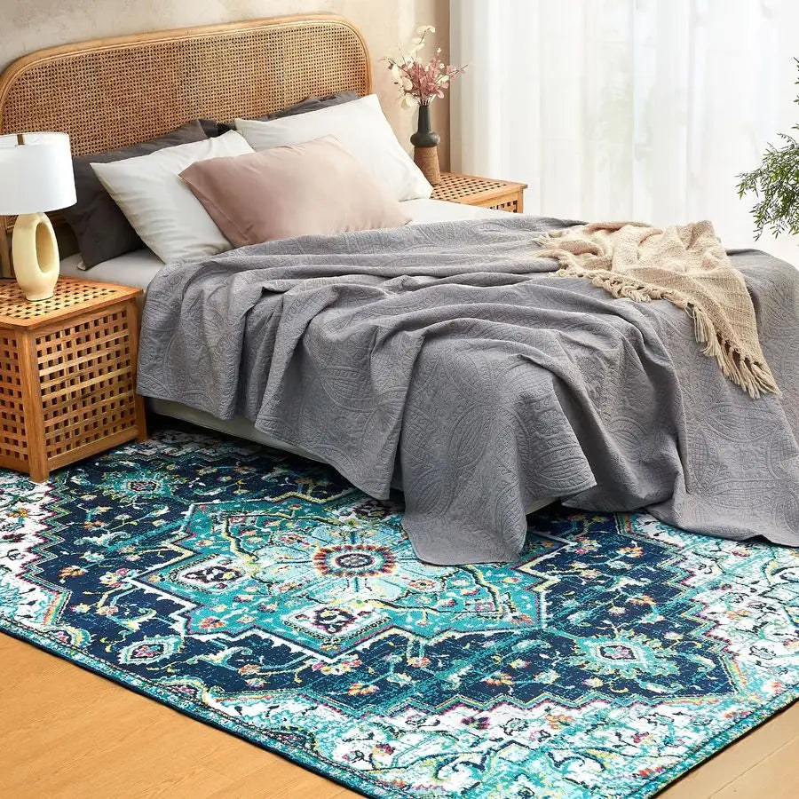 Area Rug 6x9 Washable Living Room Rug, Vintage Soft Boho for Dining Room, BedroomGreen