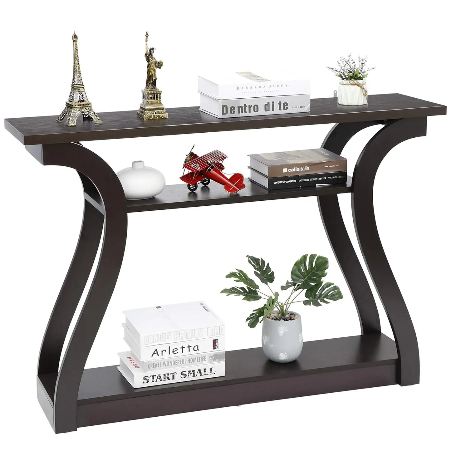 Wood Console Table 3 Tier Narrow Entryway Table with Curved Frame and 2 Open Storage Shelves