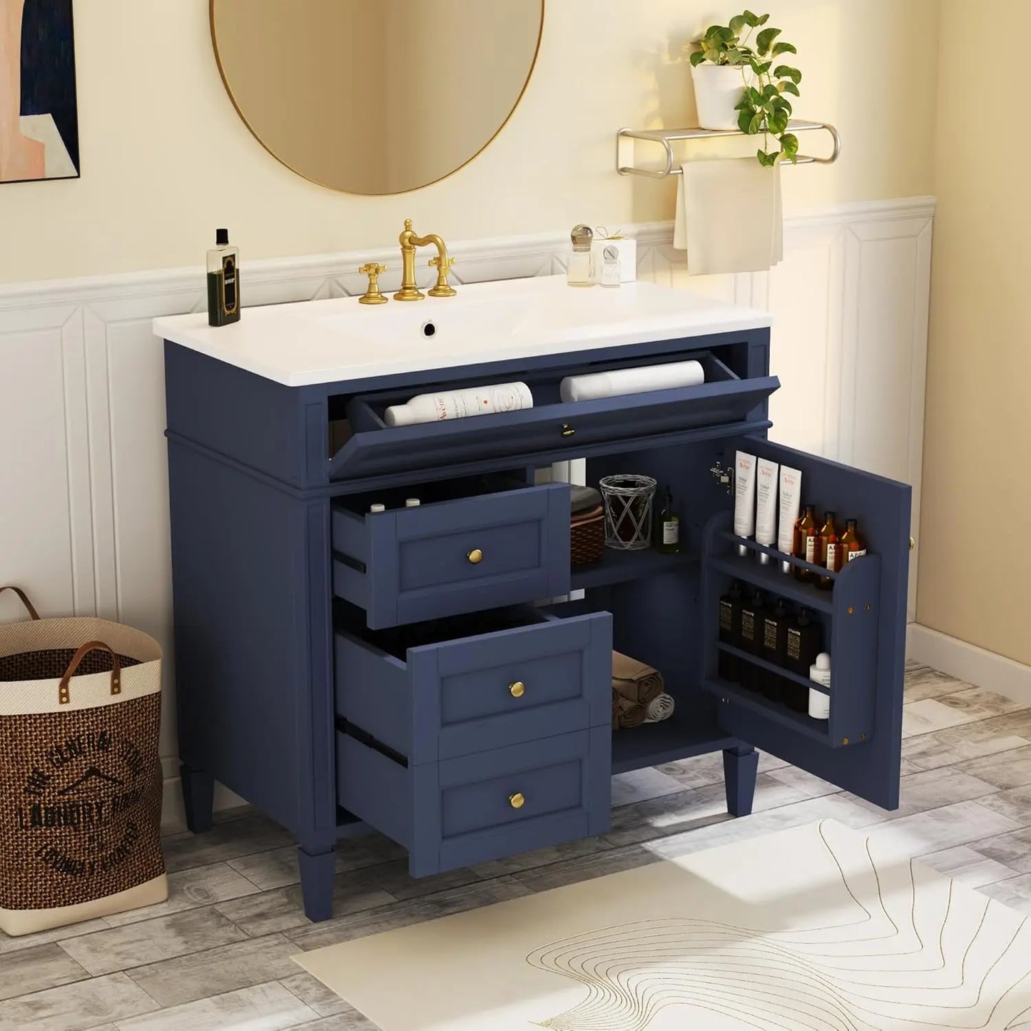 36in Solid Wood Bathroom Vanity with Soft-Close Doors & Tip-Out Drawer Undermount Sink Cabinet Green
