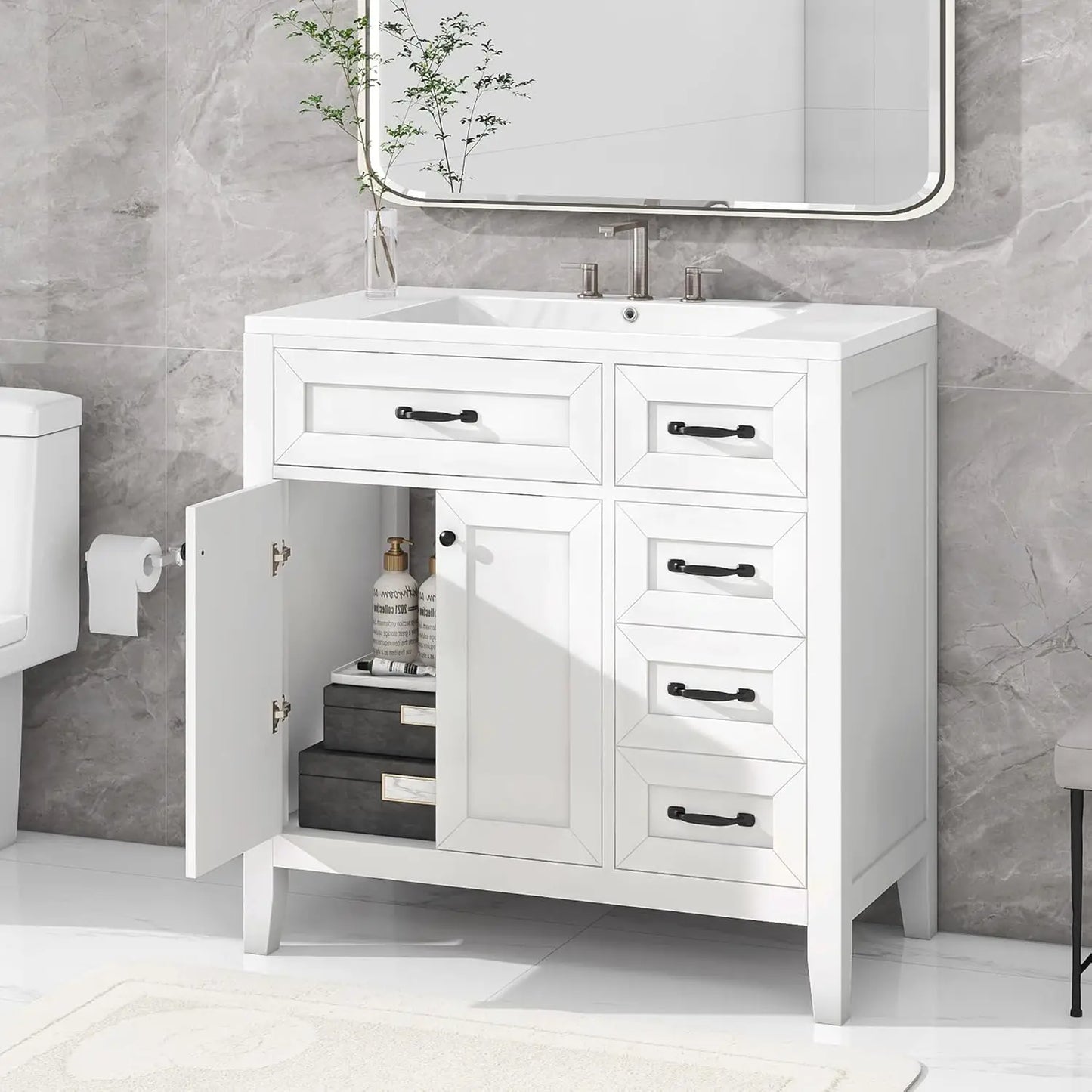 36in Wood Bathroom Vanity with Sink 3 Drawer Storage Adjustable Shelf Natural, Customized, 6 different colors