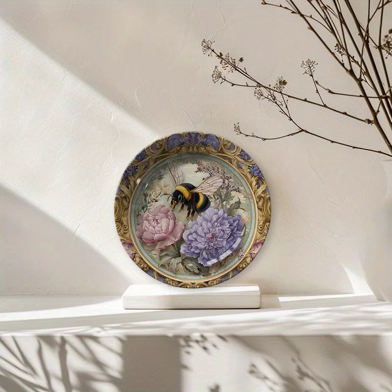 1pc Hand-Painted Bee & Floral Ceramic Plate - Round Wall-Mountable or Tabletop