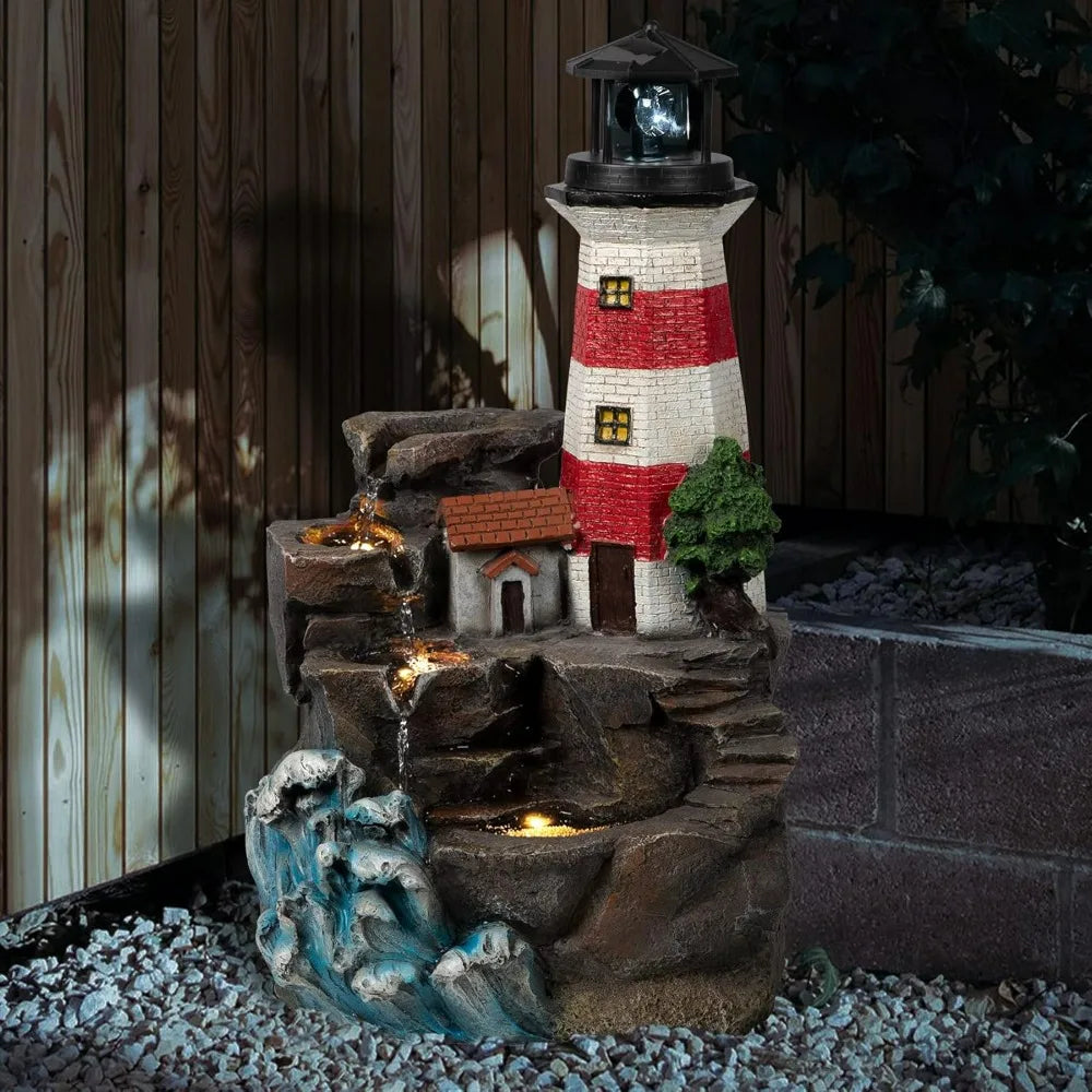 23" H Lighthouse Outdoor Water Fountain, Freestanding with Rotating Led Light, 4-Tier Modern Water Feature