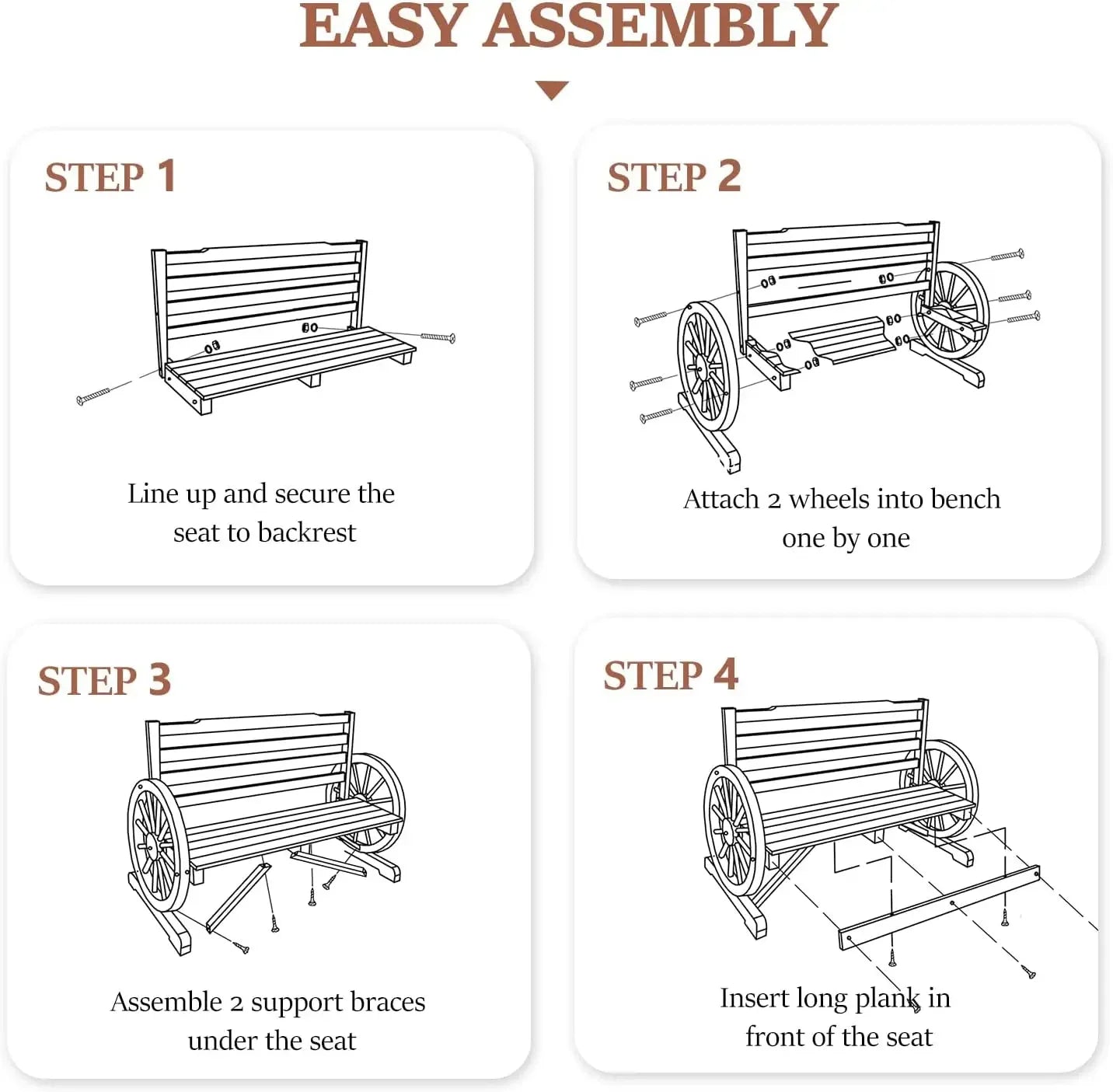 Outdoor Rustic Wooden Bench with Wagon Wheel Arms, Garden Bench