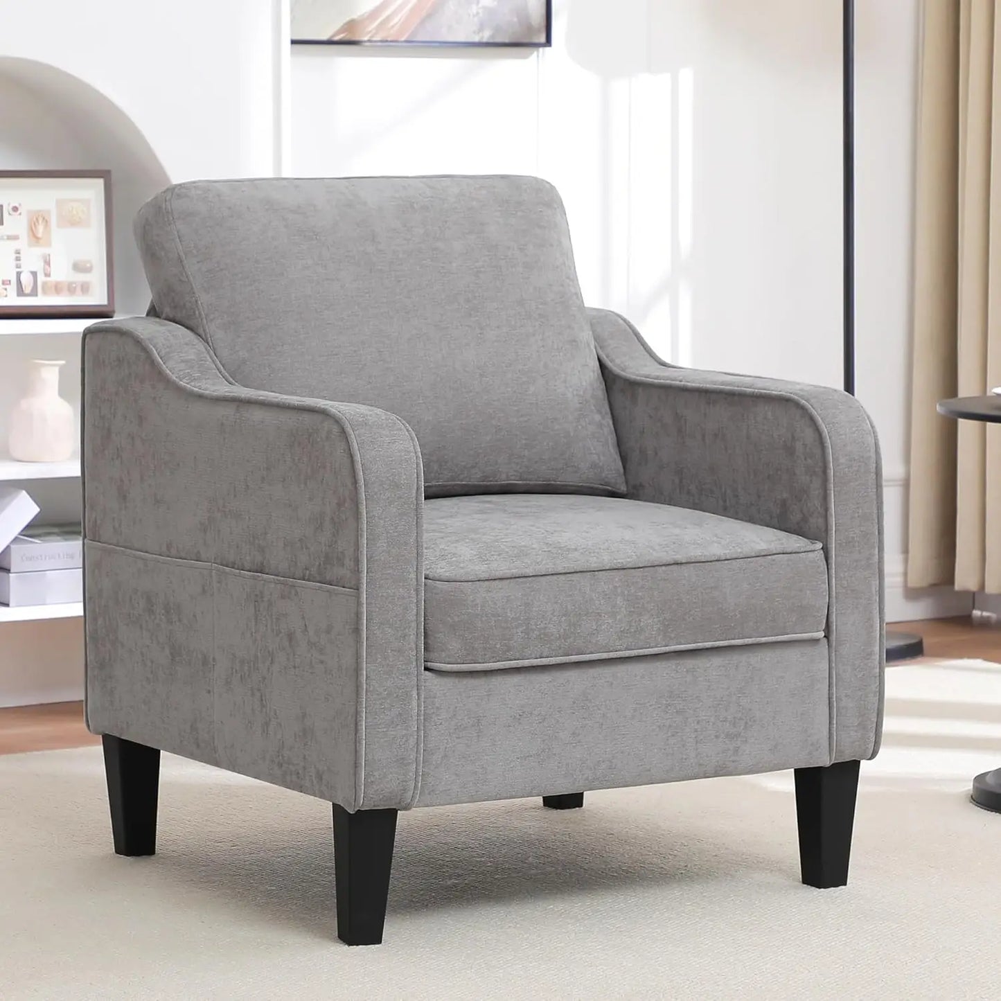 Accent Chair for Living Room, Mid Century Modern Reading Chair , Upholstered Armchair with Side Pockets,
