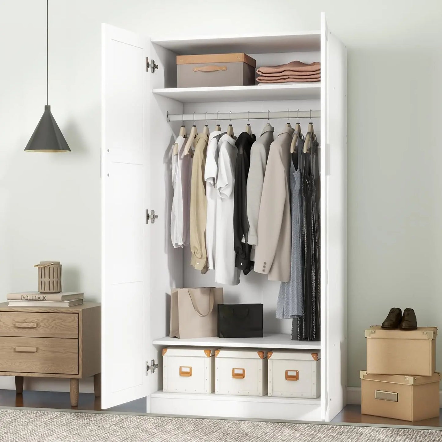 Modern 2 Door Wardrobe Bedroom Armoires Closet Clothing Storage Cupboard with 2 Shelves