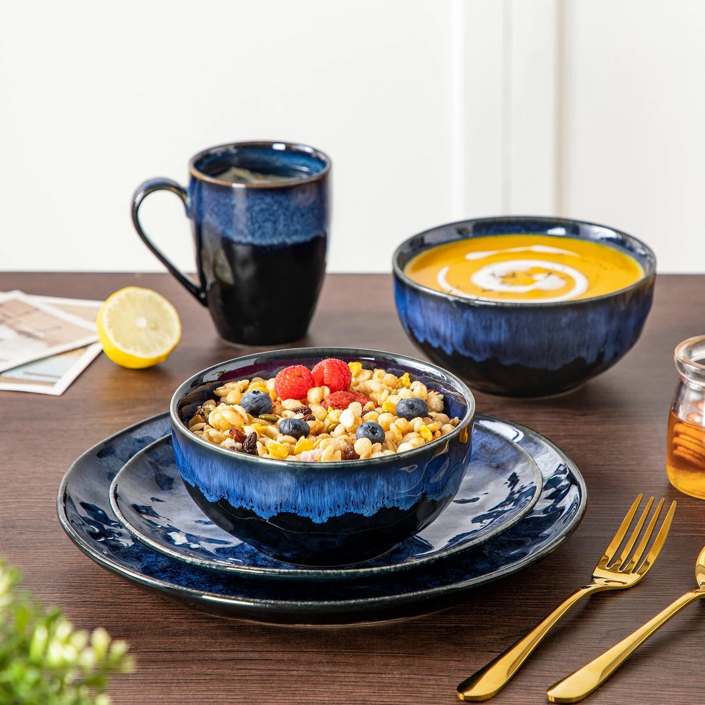 vancasso 16/32/48-Piece Starry Blue Dinner Set with Dinner Plate,Dessert Plate,Bowl,Mug