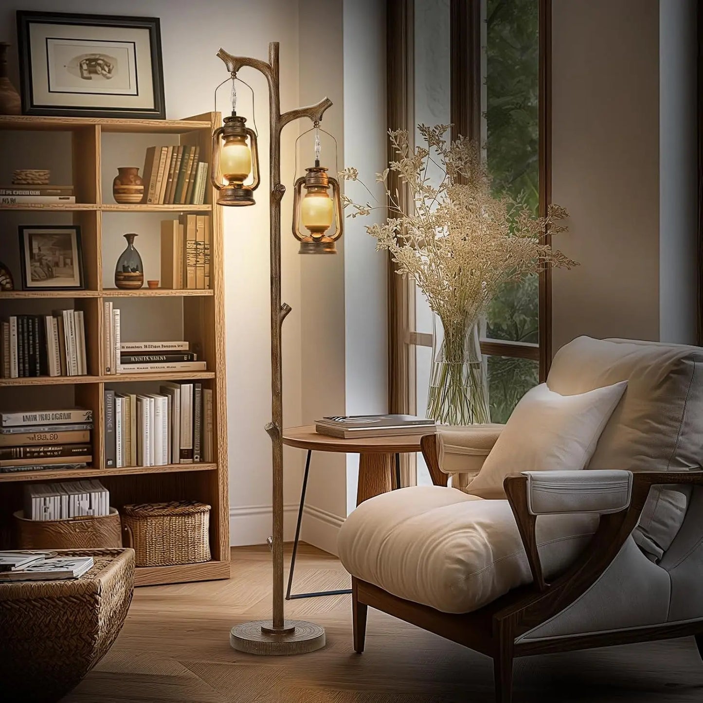 68" Rustic Farmhouse Tree Trunk Floor Lamp with Lantern, Stepless Dimmable, Brown Wood Finish