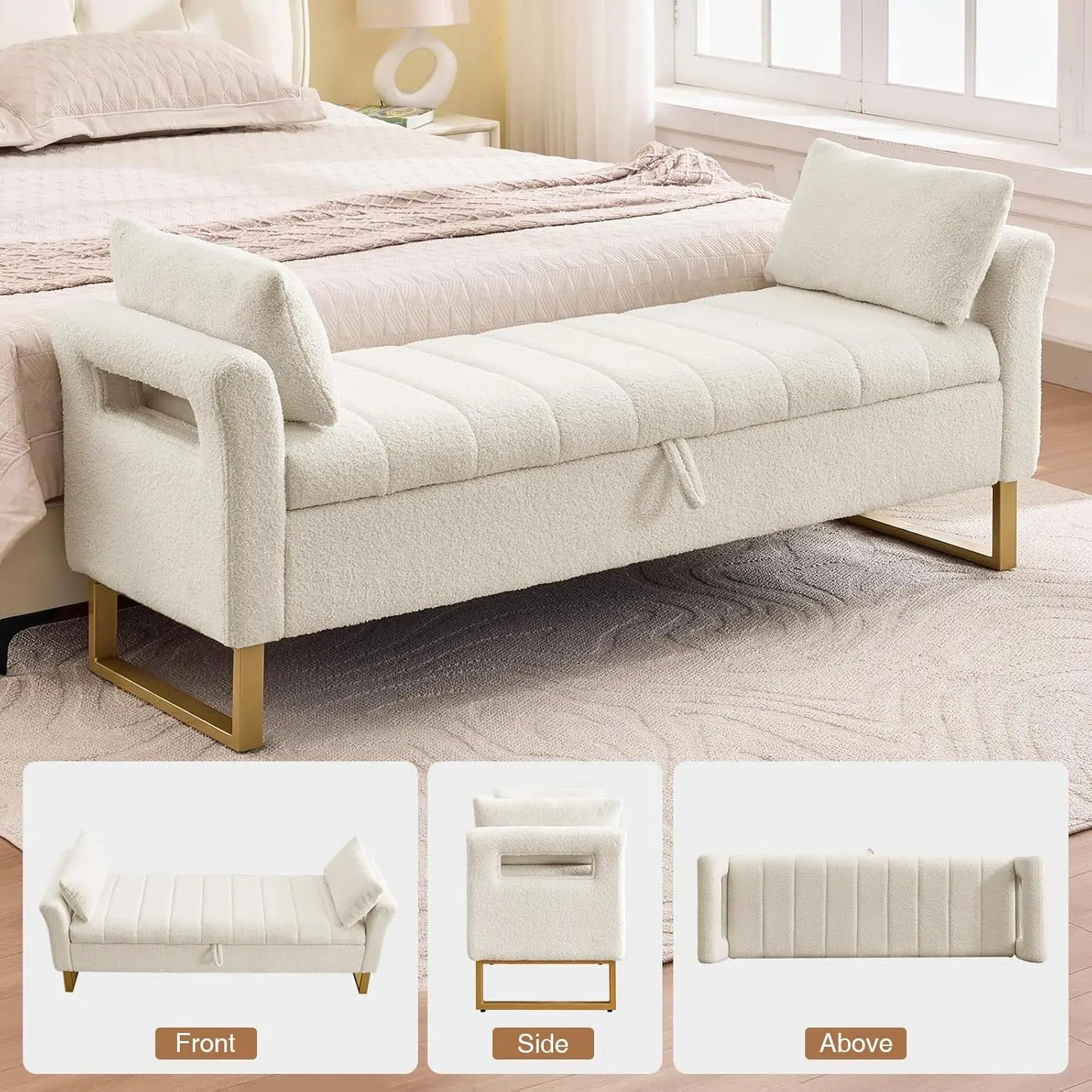 66'' King Size Storage Bench with Gold Legs, Cream White Teddy Ottoman