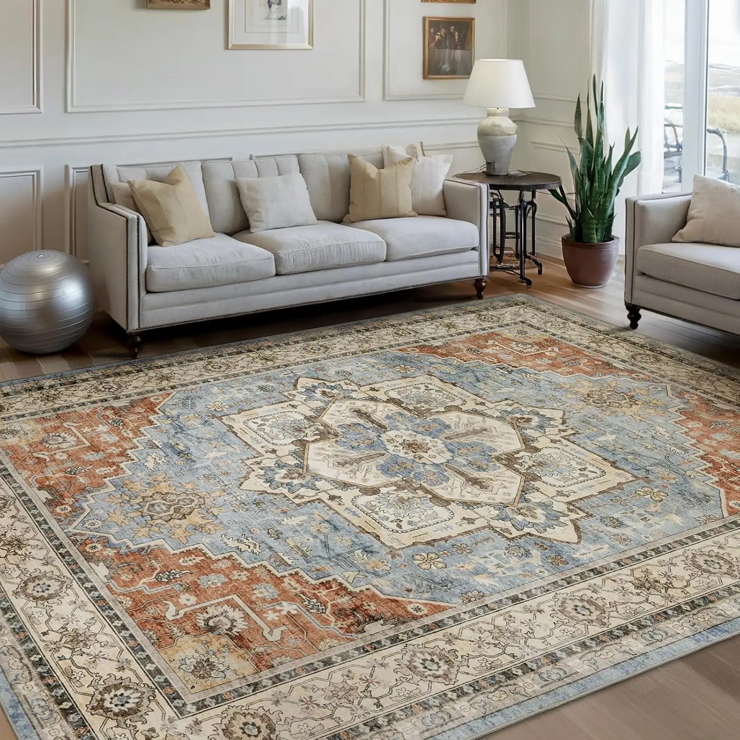 Traditional PersianPattern Carpet Style Floor Mat Blue and White