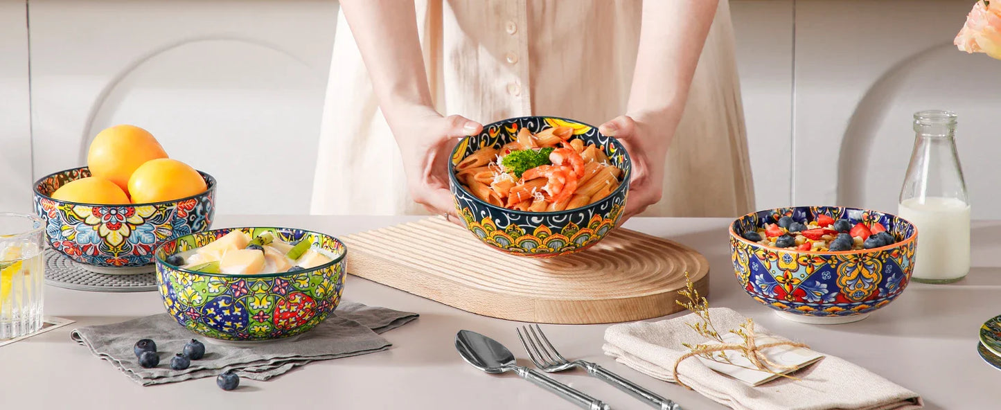 Bohemian Ceramic Bowl Set of 6 (28 Oz) - Colorful Soup, Cereal, Pasta, Salad, Fruit Bowls