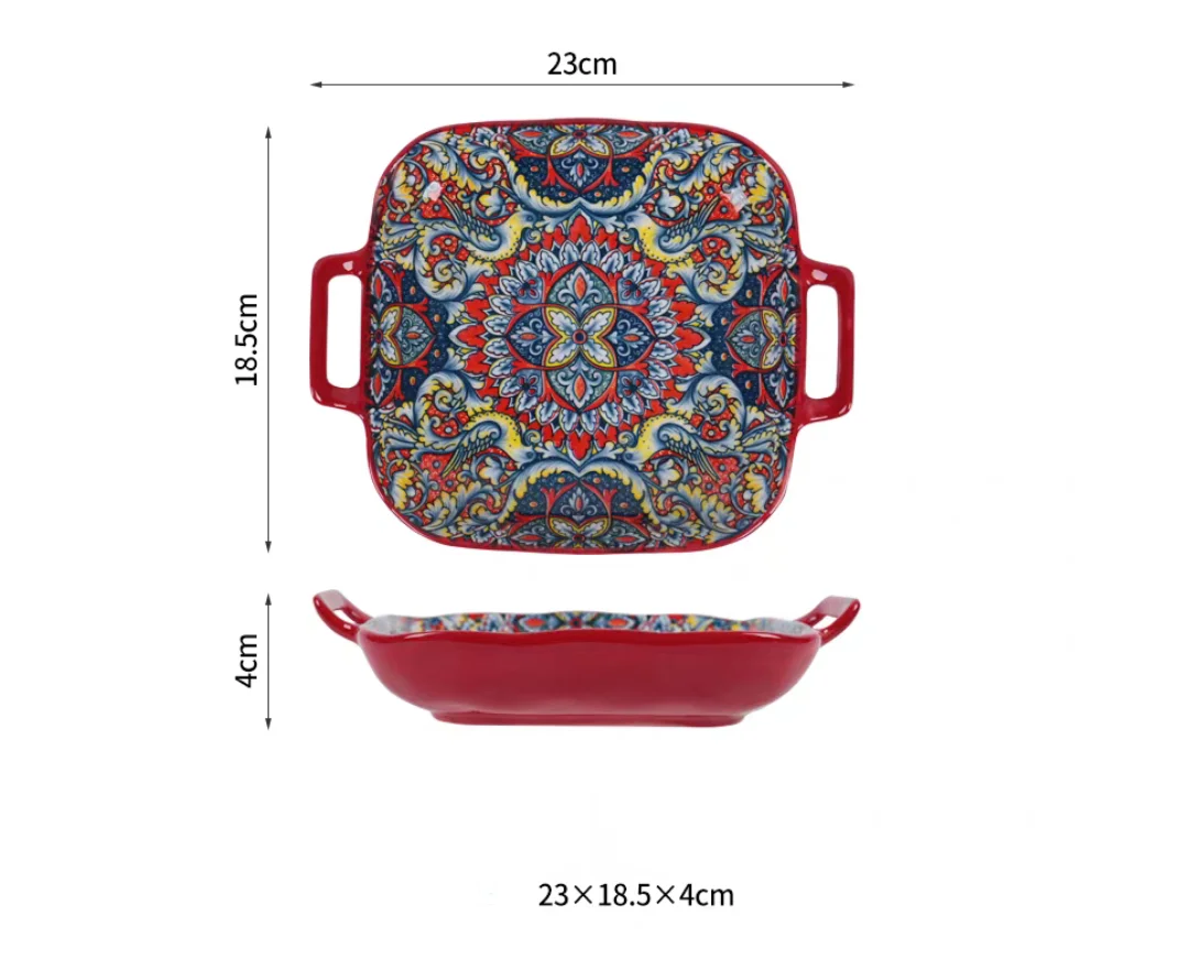 Bohemian double ear square ceramic plate