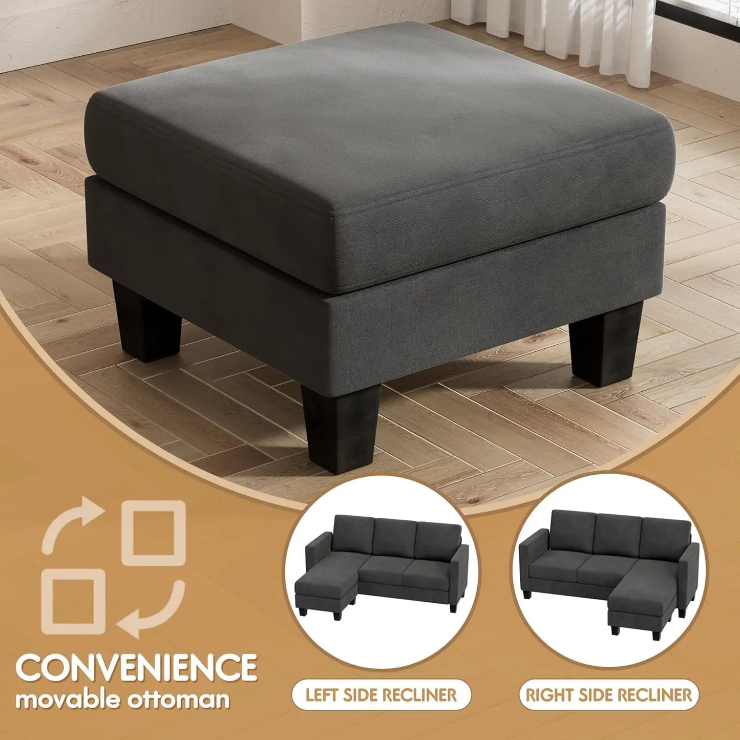 Sofa Couch, 3 Seat L-Shaped Sofa with Linen Fabric Ottoman
