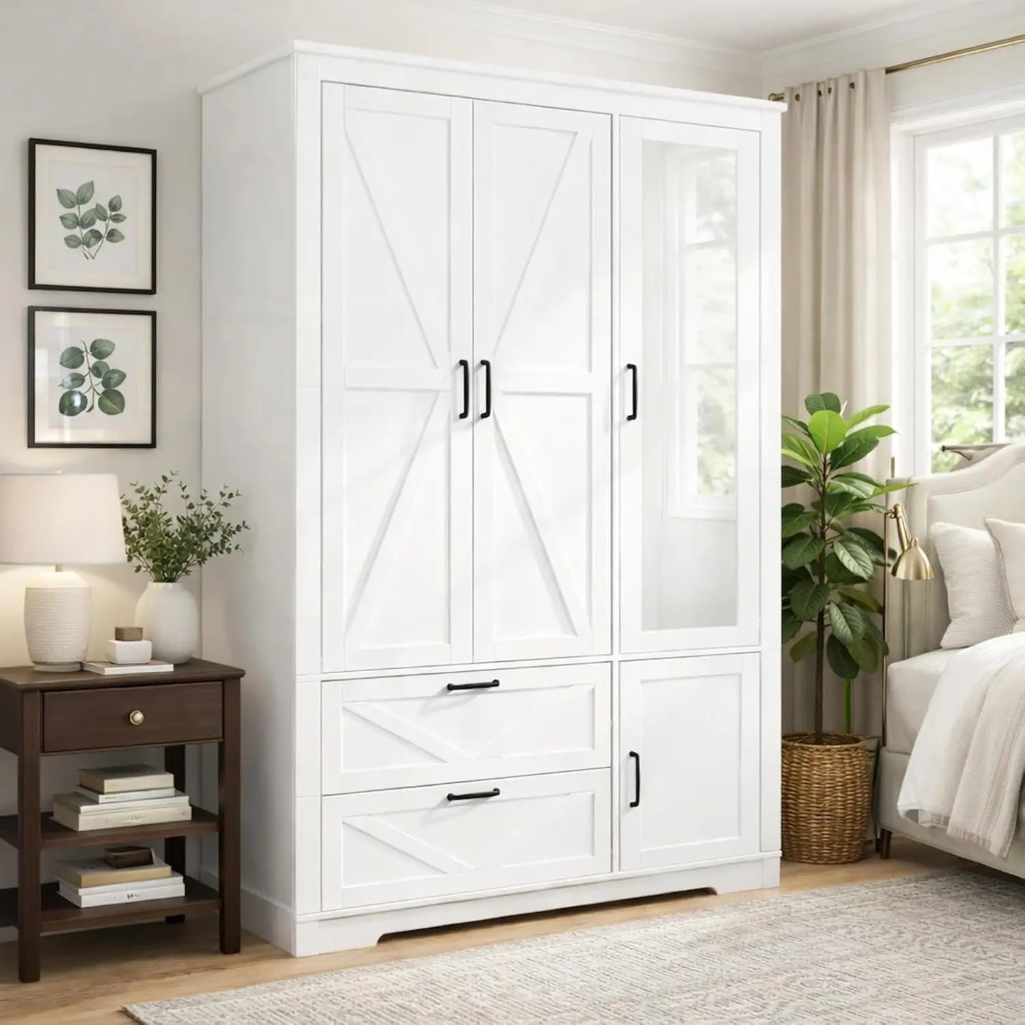 3 Door Armoire Wardrobe Closet with 2 Drawers, Hanging Rod & Lights,,