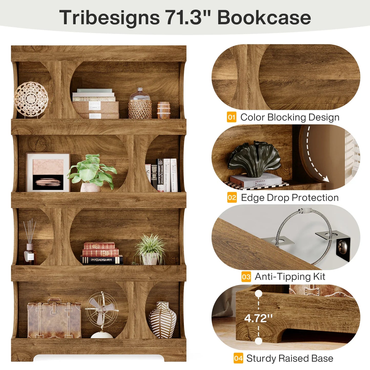 Tribesigns 71" Tall Bookcase, 4-Tier S-Shaped Bookshelf, Wood Modern Freestanding Display Shelves