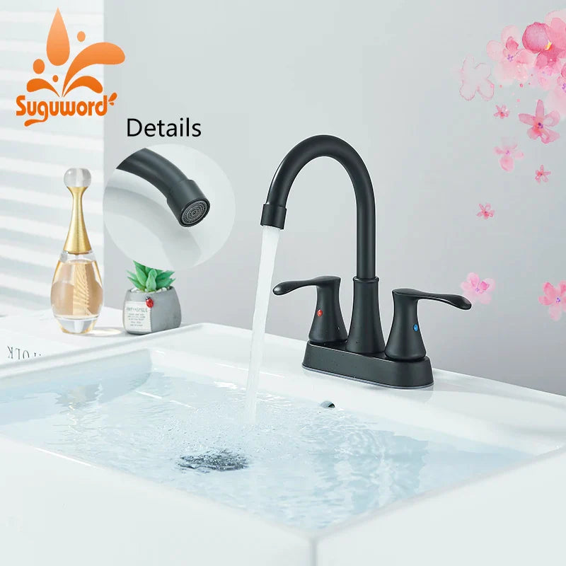 Black Bathroom Sink Faucet 3 Hole 4 Inch Center Set Vanity Faucet Hot and Cold Water