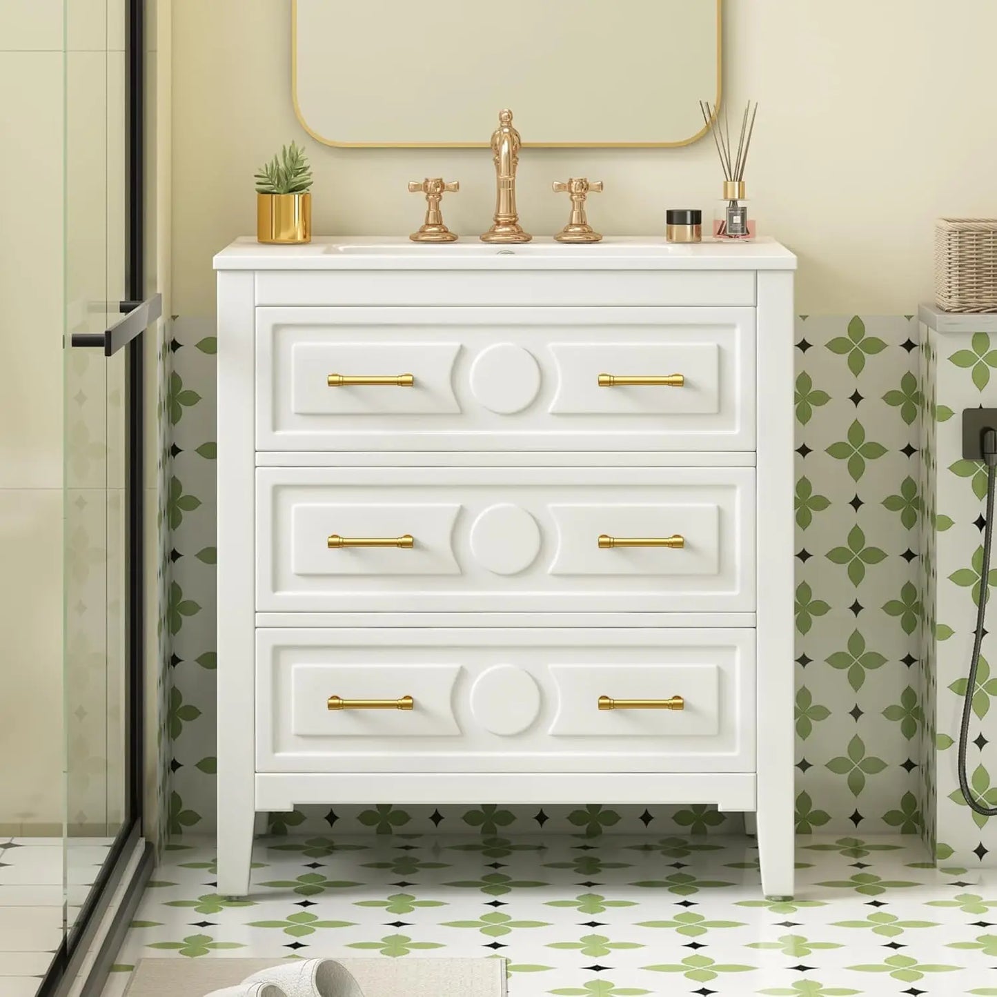 30in Solid Wood Bathroom Vanity Ceramic Sink Storage Cabinet