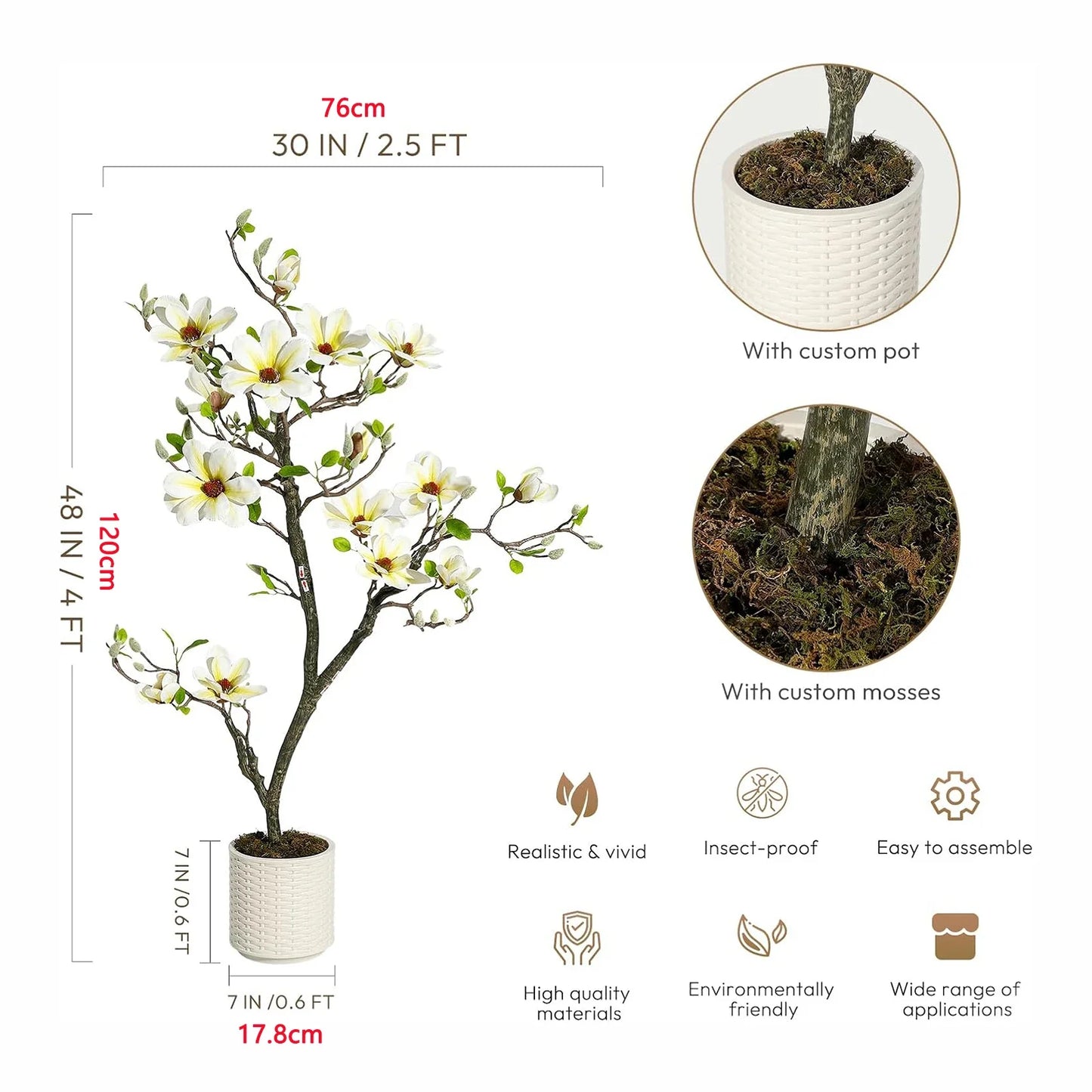 Artificial Magnolia Plant Faux Flower Trees with LED Light for Yard Patio Home