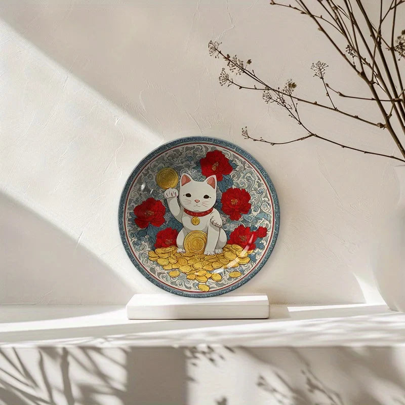 2D Flat, 8-Inch Round Plate Decorative Ceramic Lucky Cat 1pc White Design