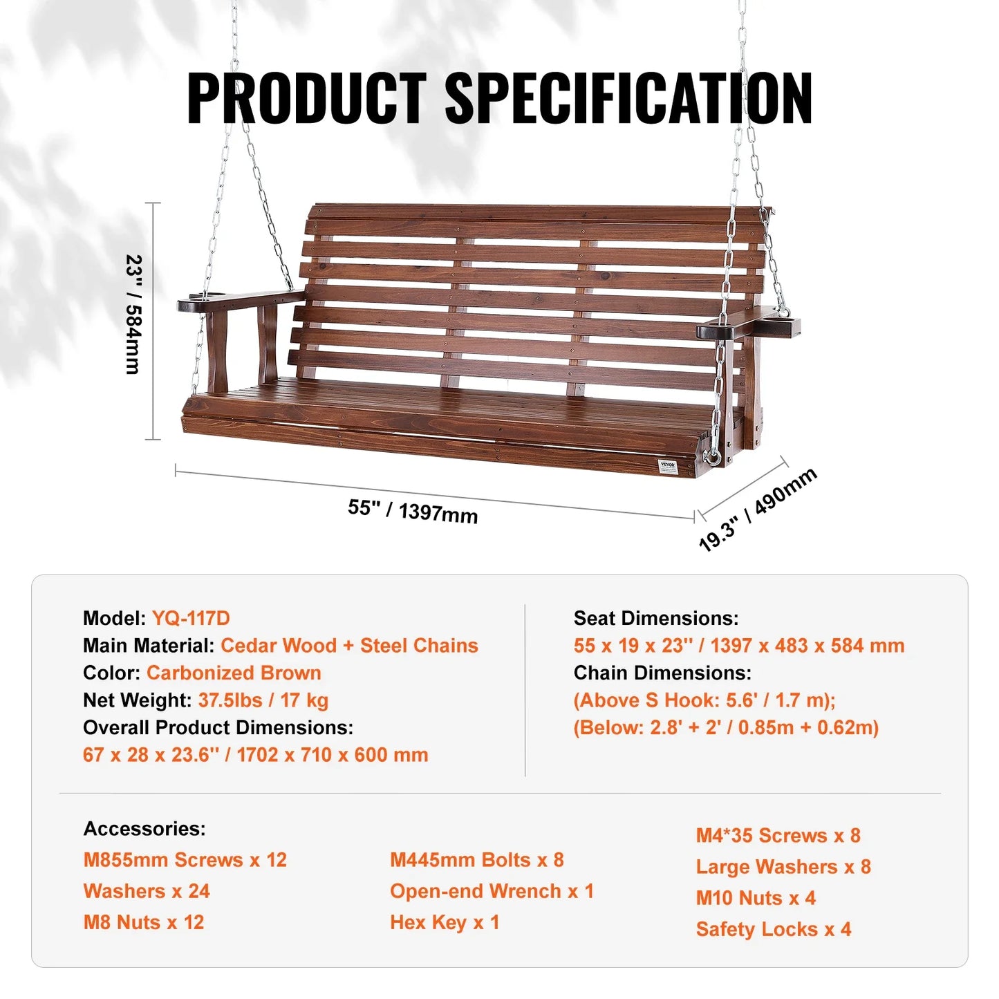 SucceBuy Wooden Porch Swing 5 ft for Courtyard Garden 880 lbs Strong Load Capacity Chair Bench