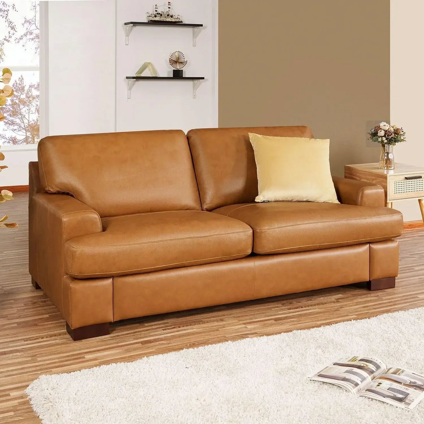 Genuine Leather Sofa - Set of 3 Luxurious Comfort, Goose Feather Cushion Filling, Square Arm Design, Sturdy Block