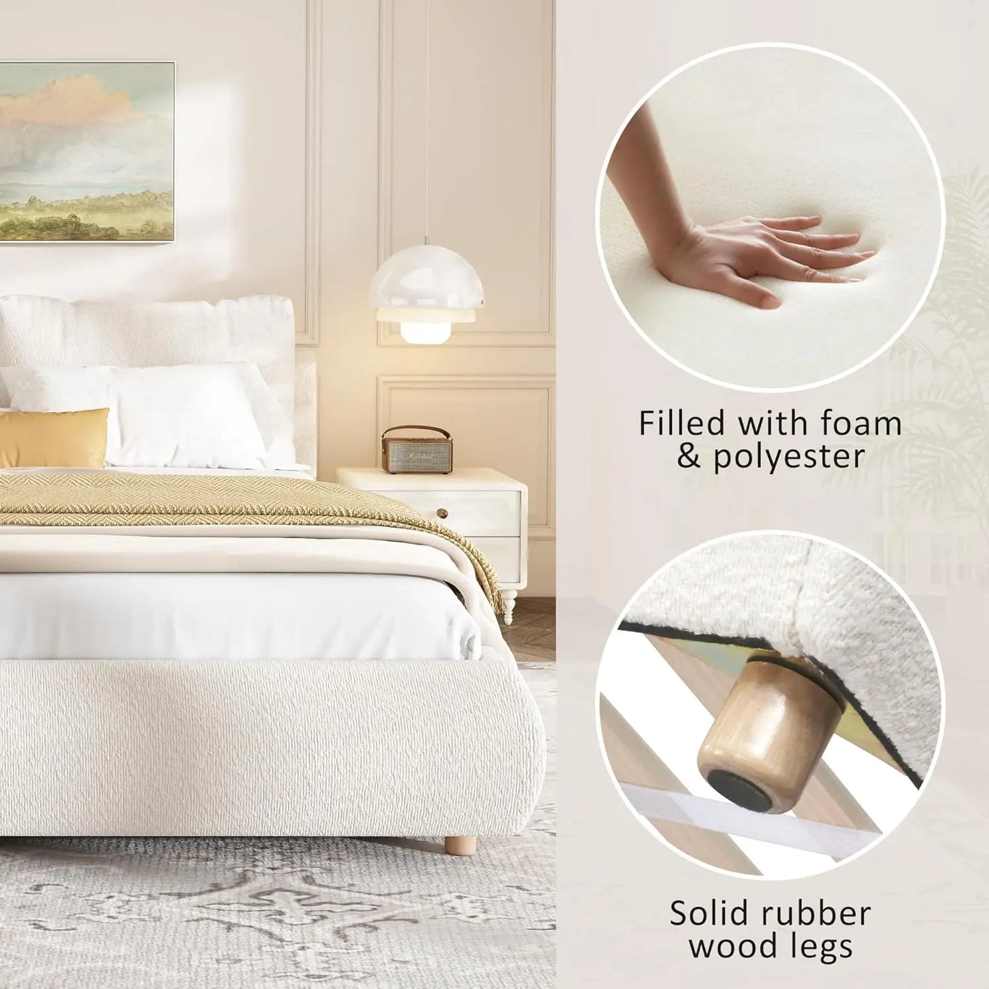 Queen Size Bed Frame with Removable Pillow Headboard, Platform Cloud Bed, Wood Slats Support,