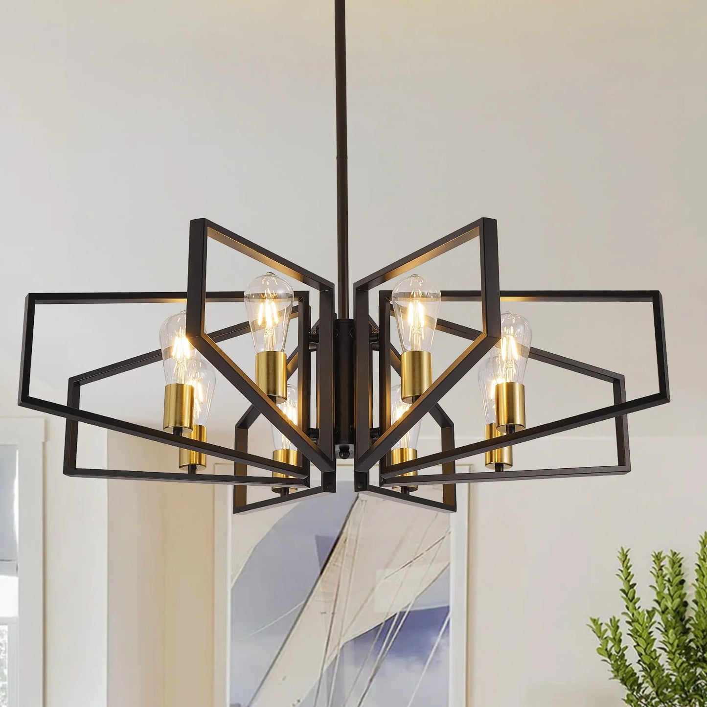 Modern 8-Light Geometric Chandelier Adjustable Height Light with Black Frame & Golden Accents