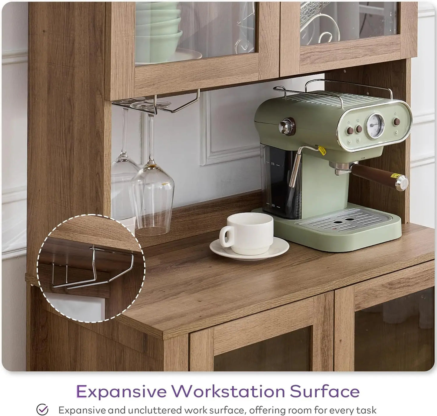 75" Arched Pantry Cabinet with Anti-Tipping Device, Glass Door & Open Storage for Kitchen Dining