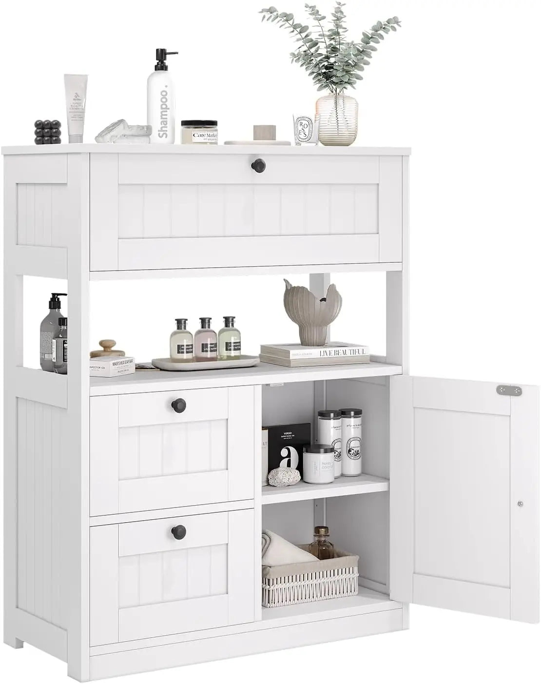 Bathroom Storage Cabinet Organizer with 1 Door and 3 Drawers, Freestanding Cupboard