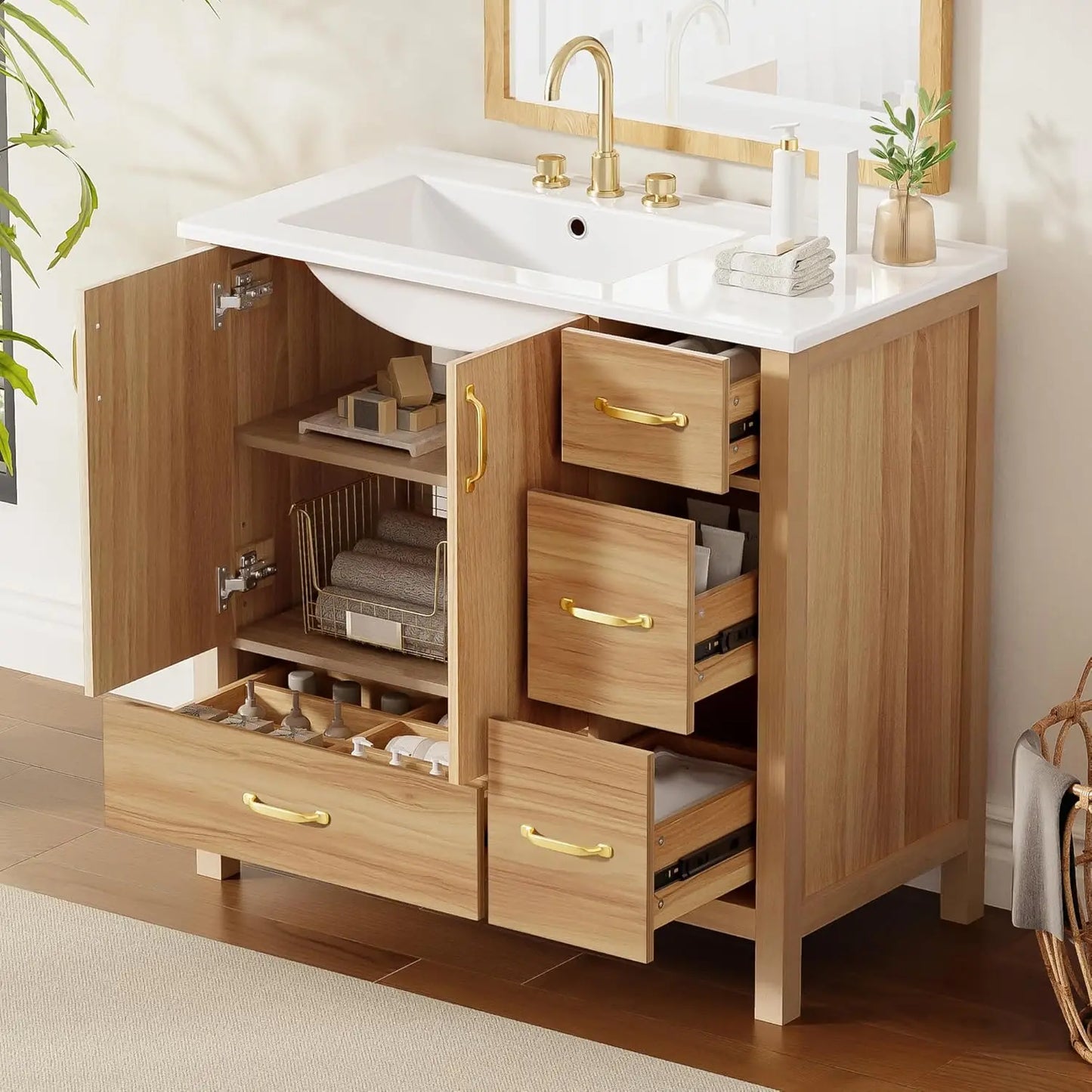 36in Wood Bathroom Vanity with Sink 3 Drawer Storage Adjustable Shelf Natural, Customized, 6 different colors