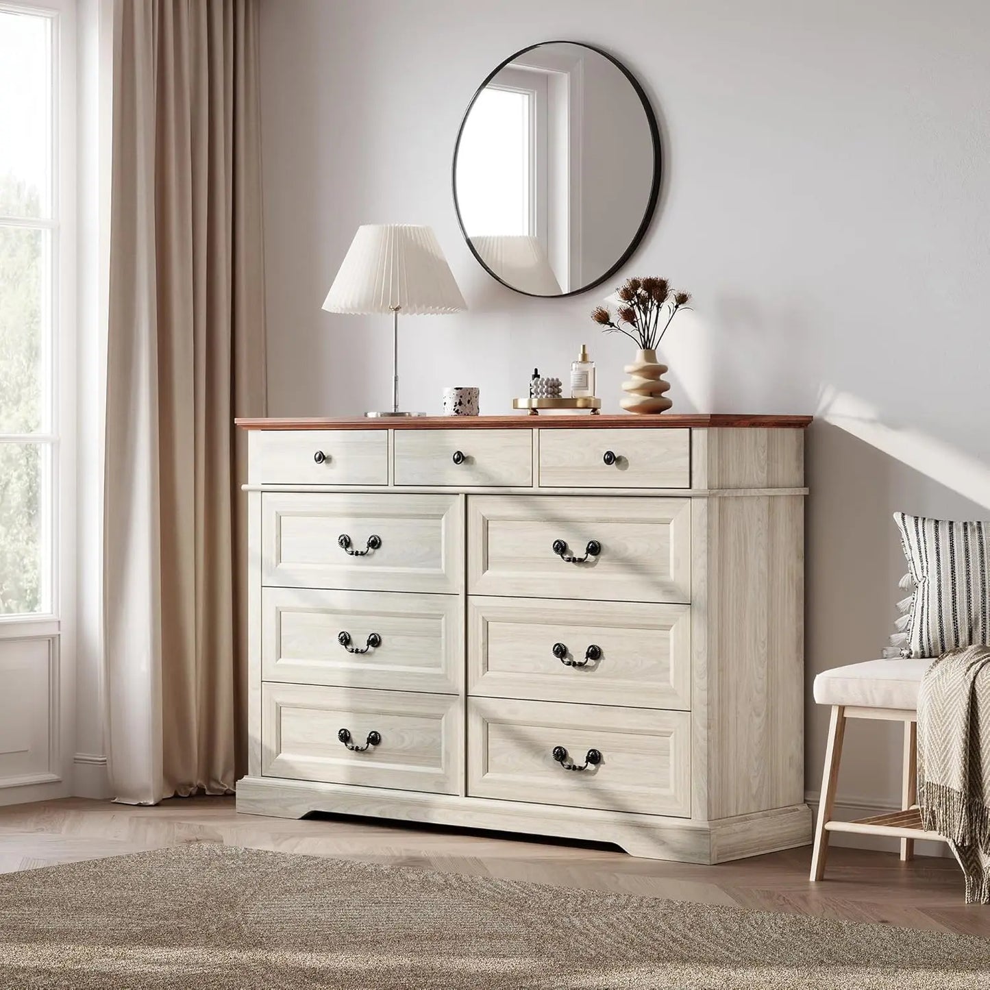 Farmhouse 9-Drawer Wood Dresser for Bedroom, Wide Chest Storage Organizer in Beige