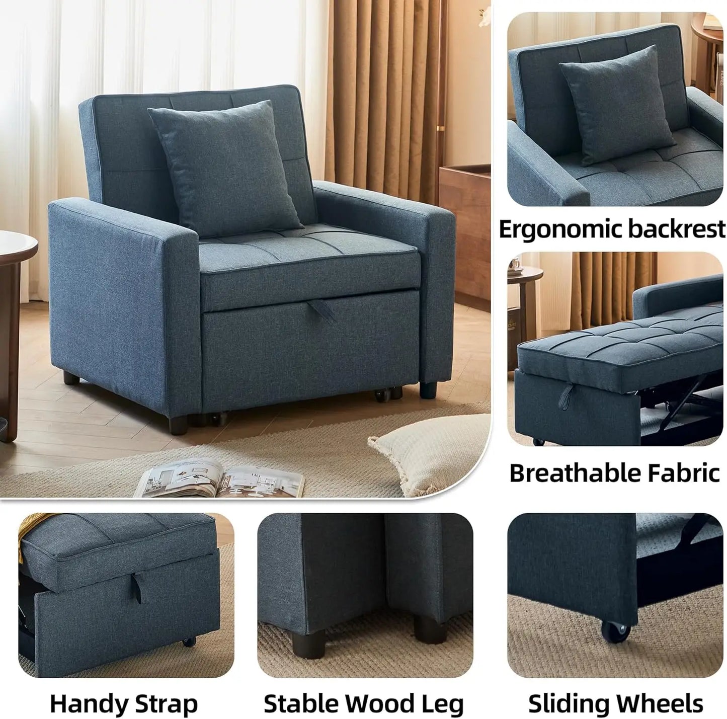 3-in-1 Sleeper Sofa Bed with Reclining Backrest, Convertible Futon Couch, for Small Spaces (Blue)