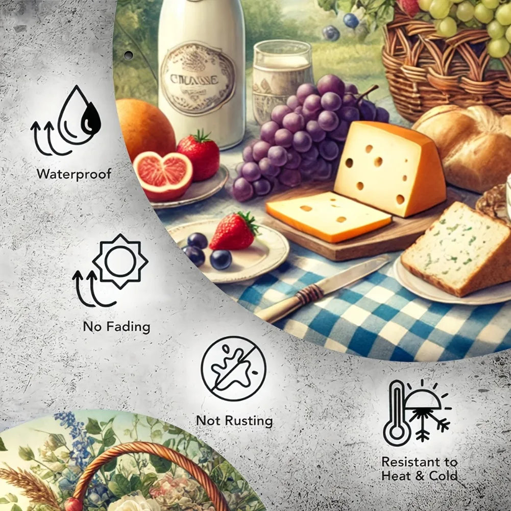 Rustic Food-Themed Decorative Wall Plate - 8x8 Inch Round Aluminum