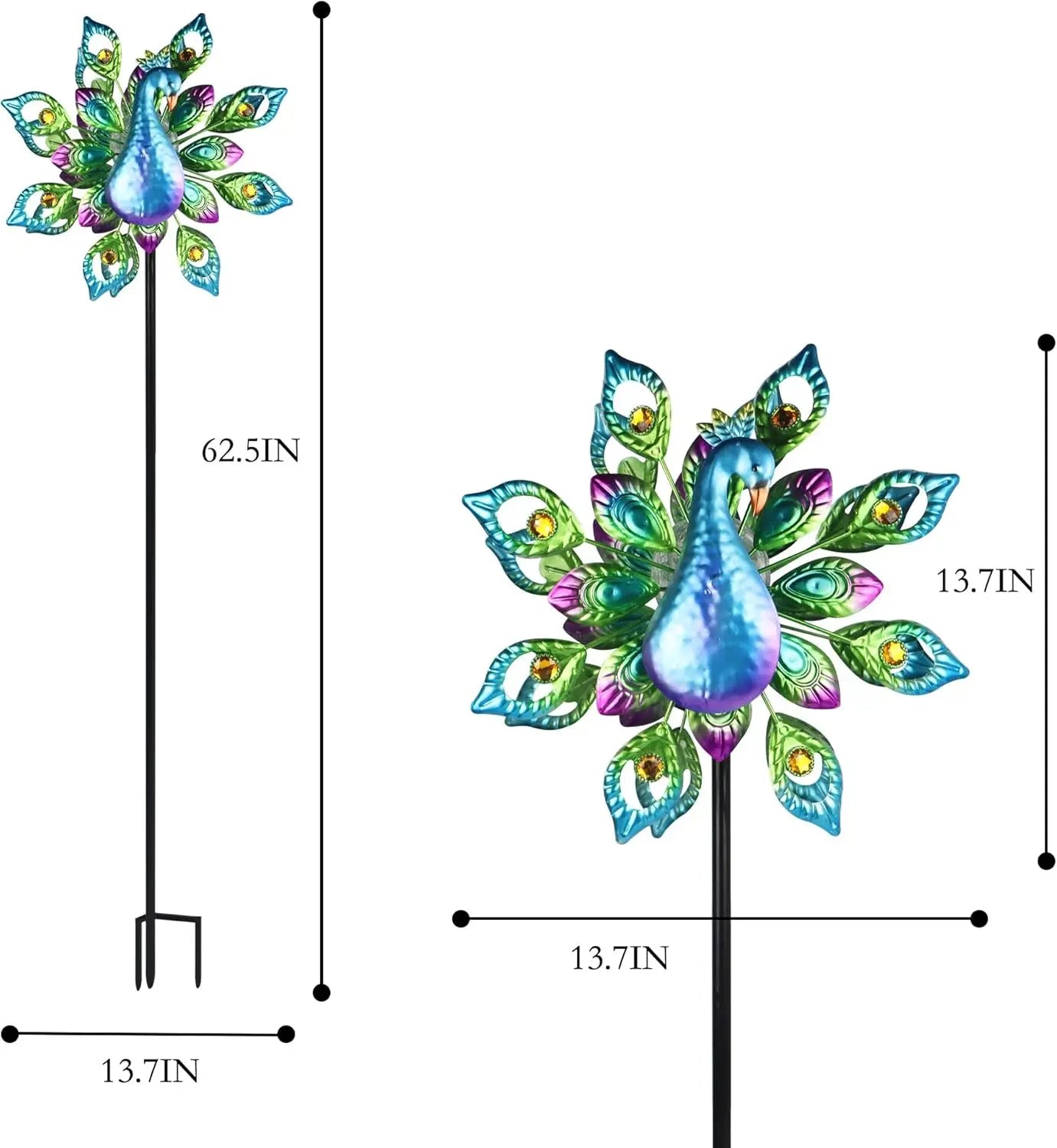 Peacock Solar Wind Spinner 62Inch Double Wind Sculpture with Color Changing LED Light Yard Spinners