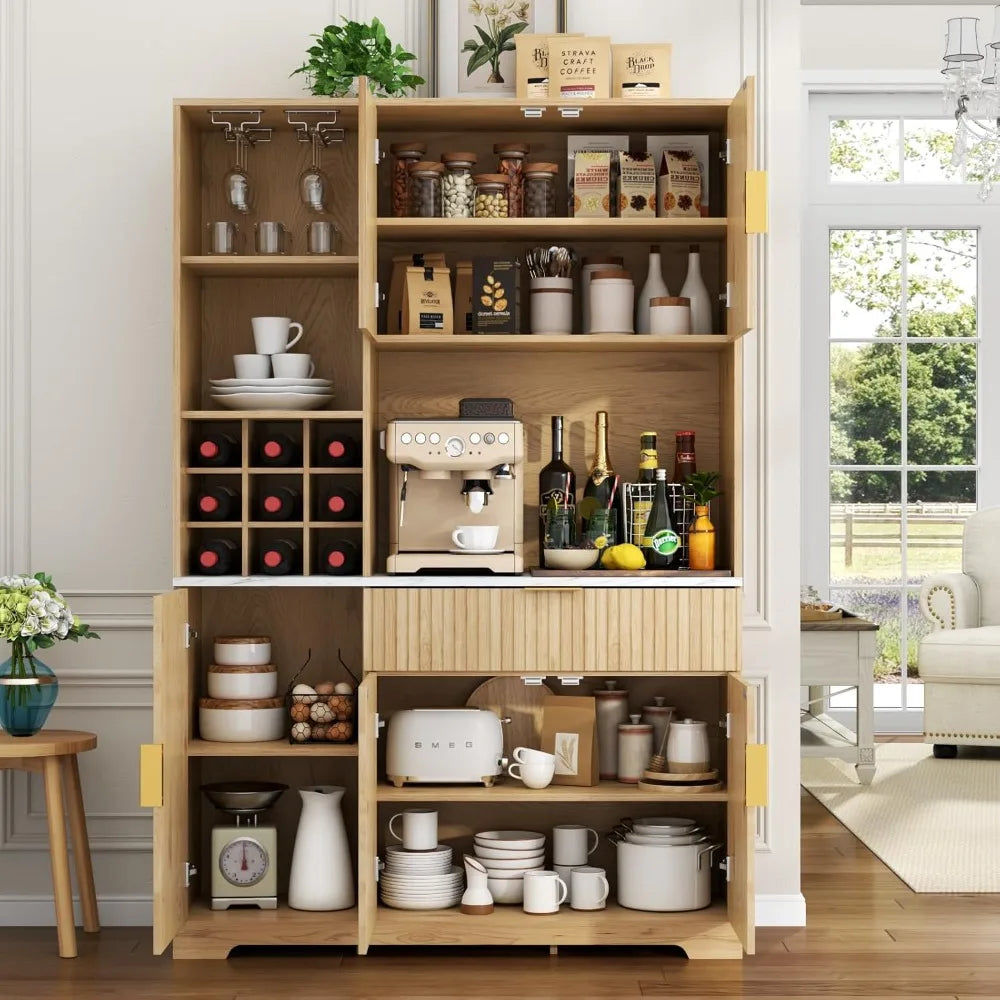 72” Tall Kitchen Pantry Cabinet, Fluted Storage Cabinet with Microwave Stand, Wine Bar Cabinet with Storage Hutch