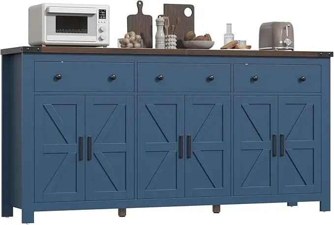 63" Sideboard Buffet Cabinet with Storage, Coffee Bar with 3 Drawers and 4 Barn Doors,