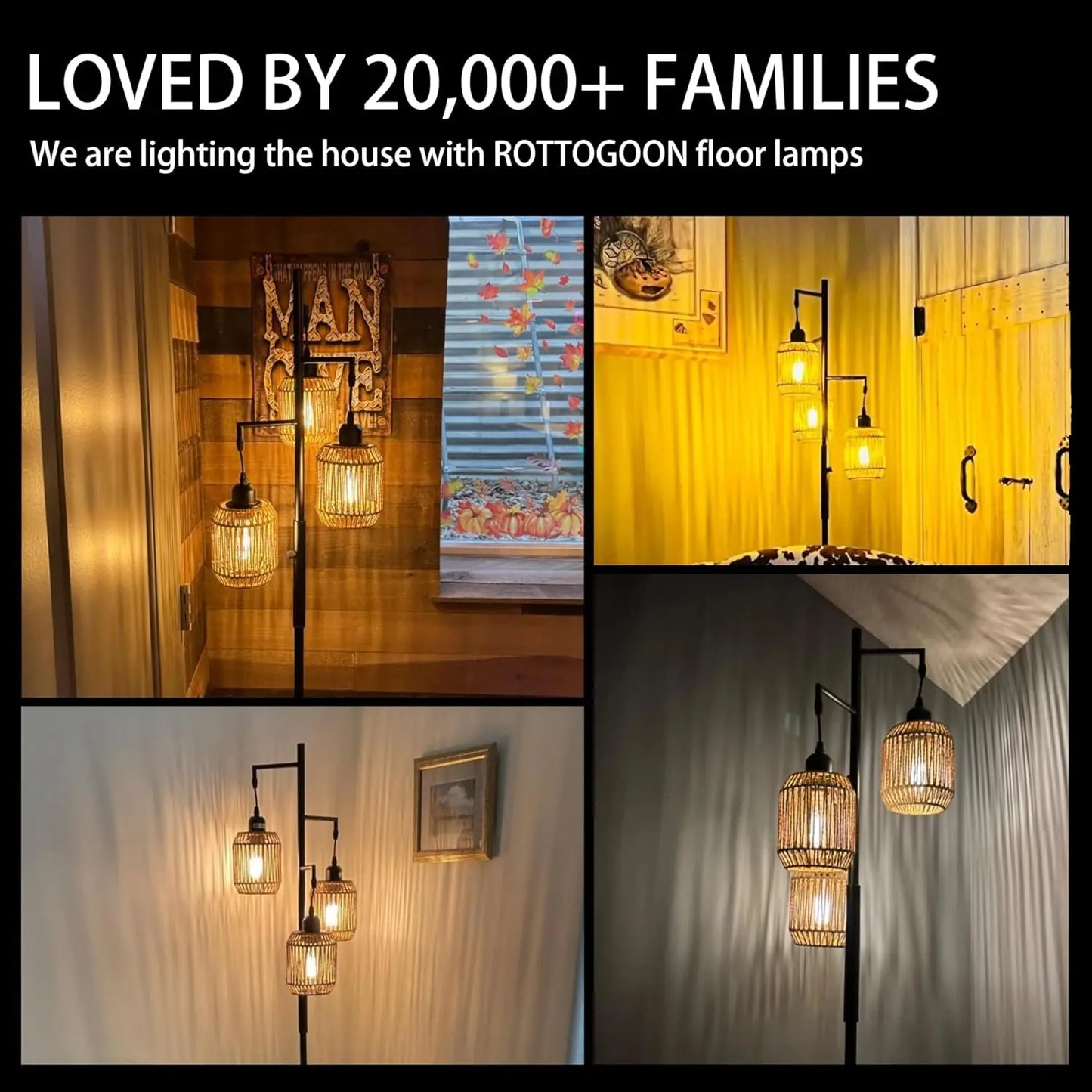 Dimmable Boho Floor Lamp - 3 Light Farmhouse Rattan Design for Living Roomp