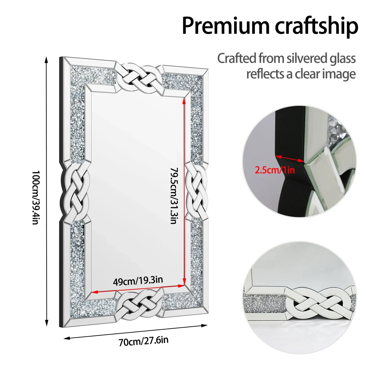 Large Crystal Crush Diamond Mirror Decorative Wall Hang Mirror for Bedroom Hallway Living Room