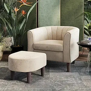 Accent Chair Ottoman Set: Chenille Barrel Chair with Foot Rest, Upholstered